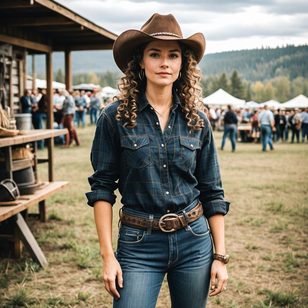 Confident Woman in Cowboy Outfit at Rustic Event