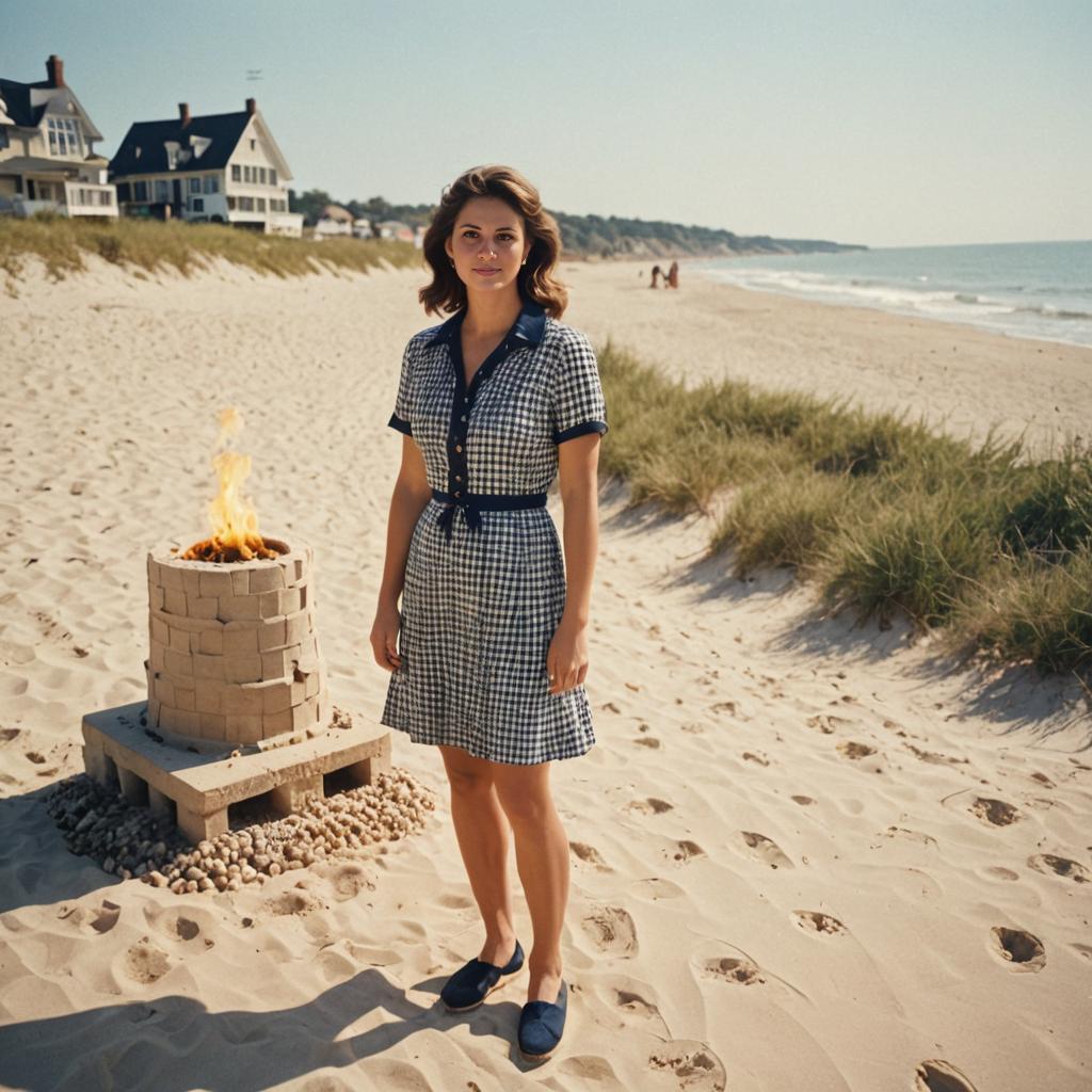 Woman in Checkered Dress by Bonfire on Beach