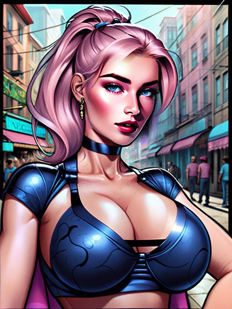 Futuristic Woman with Pink Hair in Urban Digital Art
