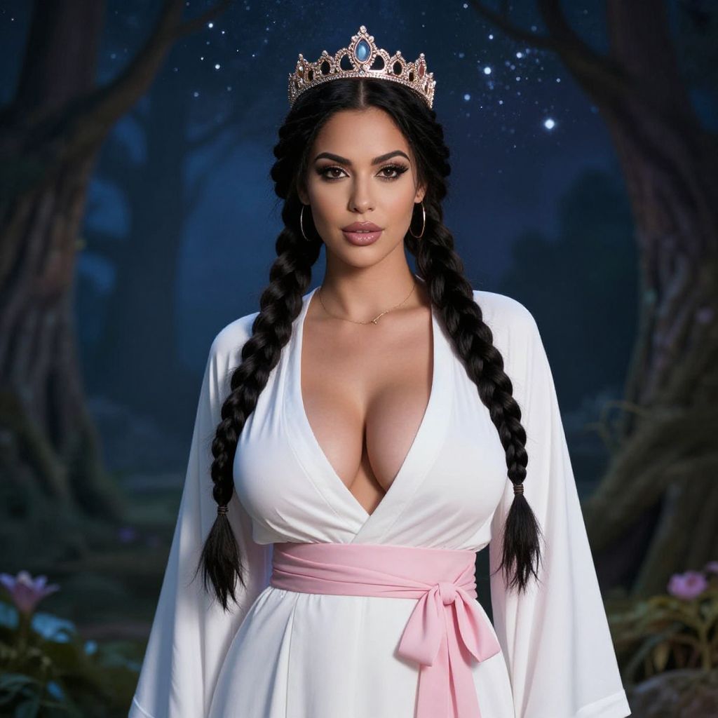 Woman with Crown and Braids in Enchanted Forest Wearing White Dress with Pink Sash