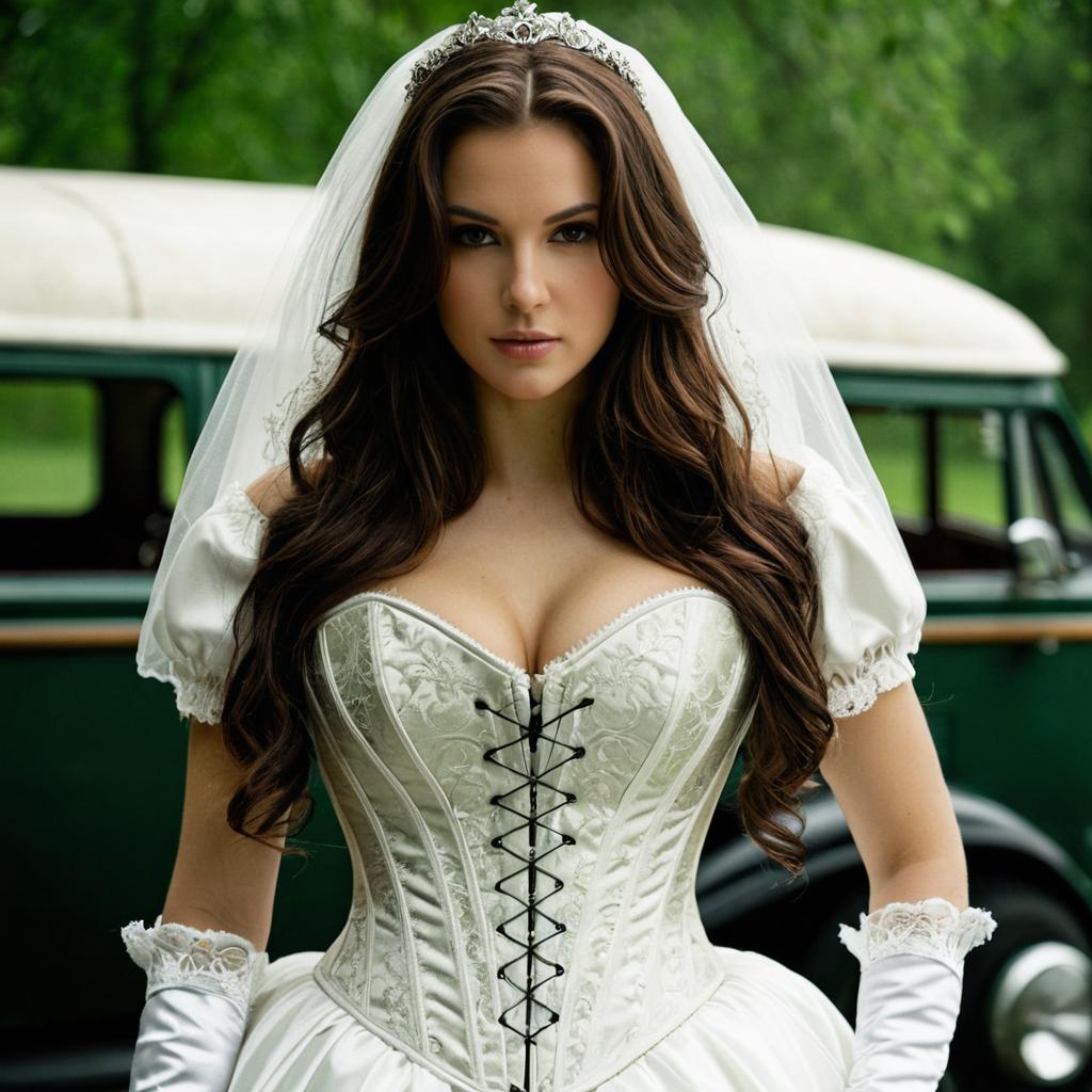 Realistic Bride in Elegant Corset Wedding Dress with Tiara Outdoors
