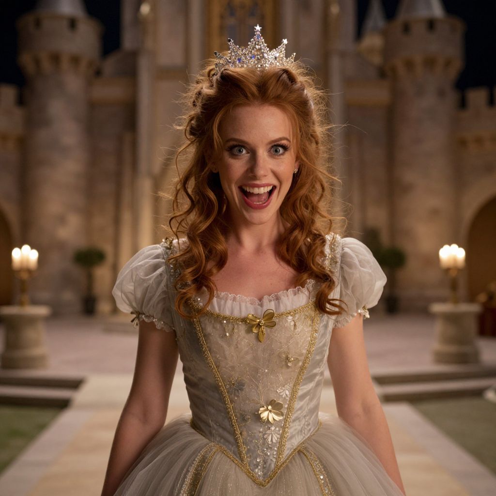 Joyful Princess in Elegant Gown and Tiara at Castle Entrance