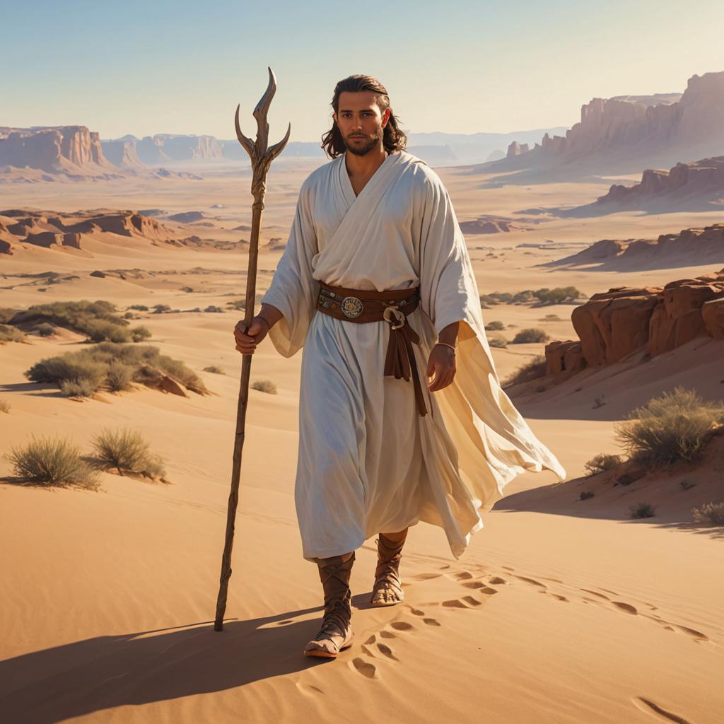 Man in Biblical Clothing Wielding Staff in Desert