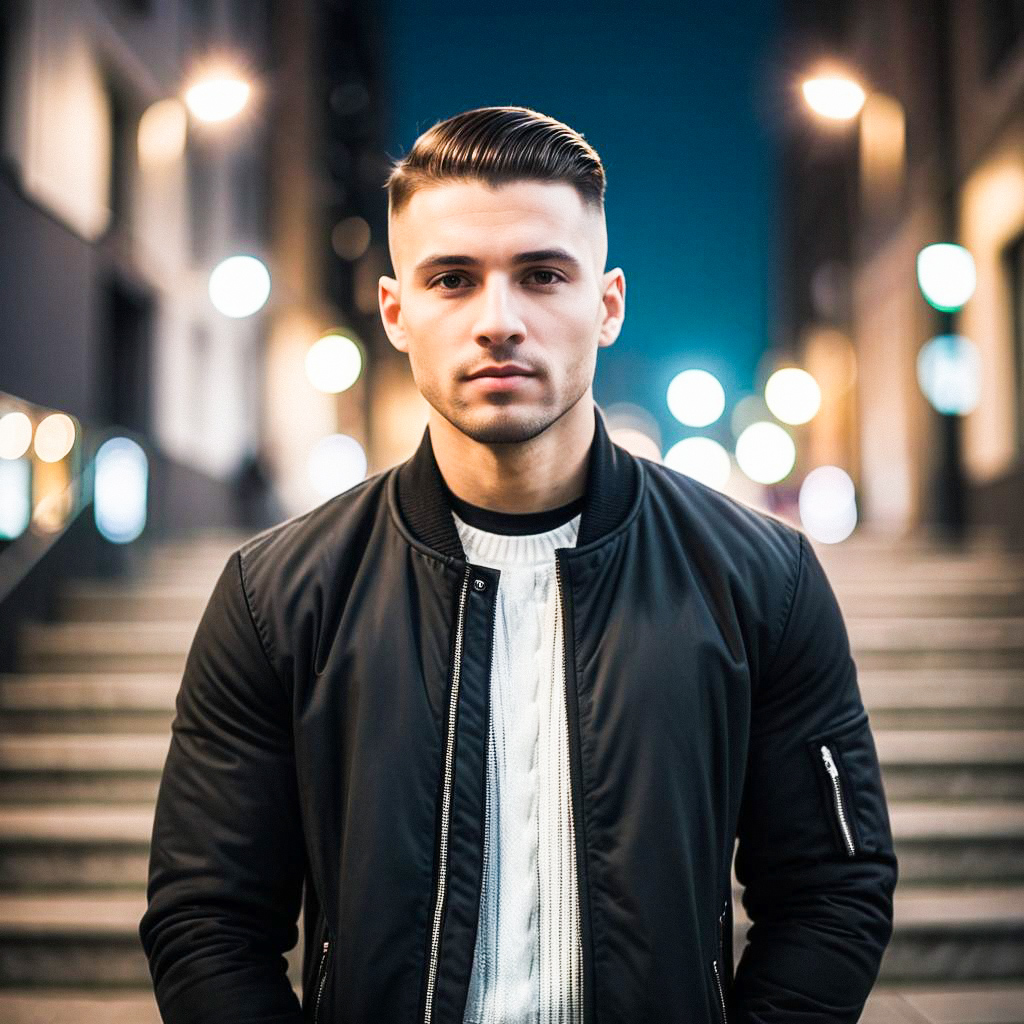Confident Young Man in Urban Setting at Night