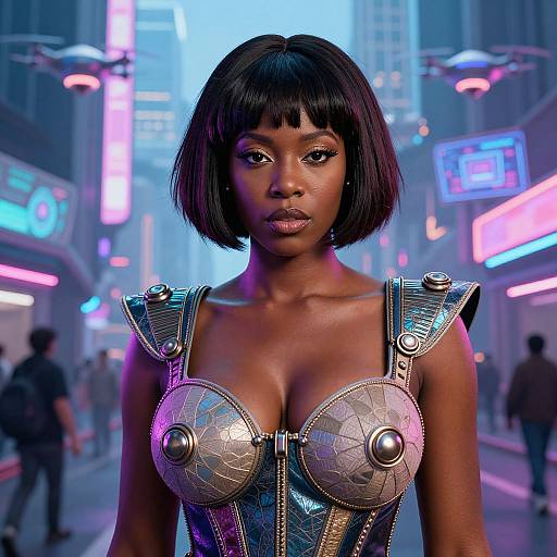Futuristic Cyberpunk Woman in Metallic Armor Corset in Neon City
