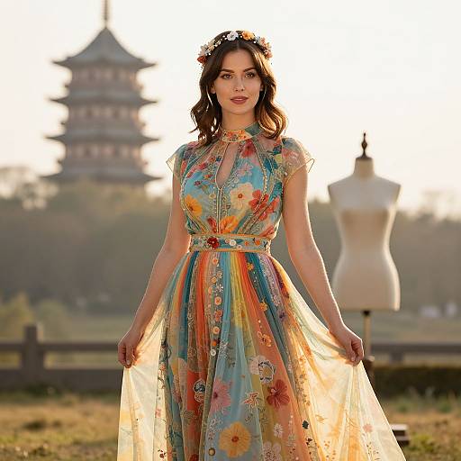Woman in Floral Embroidered Dress with Pagoda Background