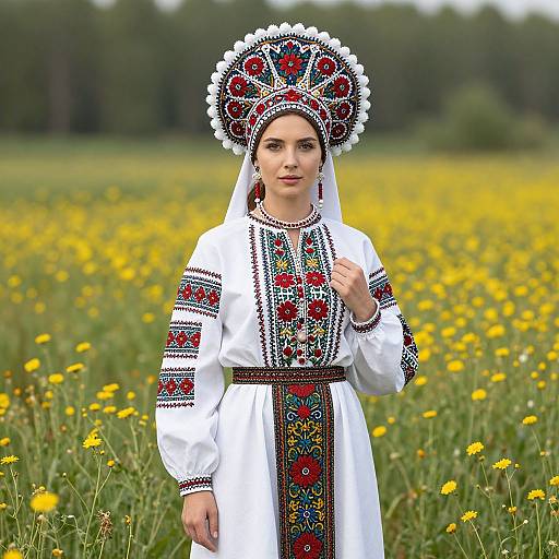 Woman in Traditional Eastern European Embroidered Folk Costume in Flower Field