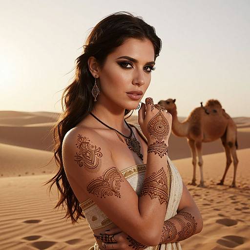 Elegant Woman with Henna Tattoos and Camel in Desert Setting