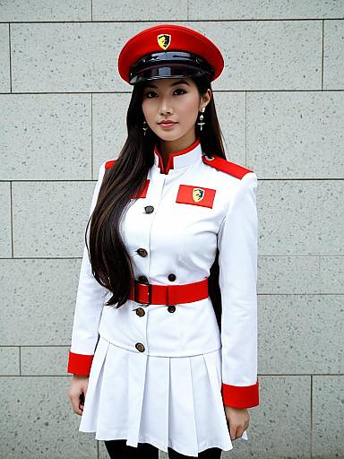 Woman in White and Red Military-Inspired Uniform with Peaked Cap