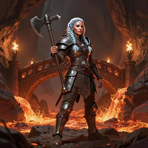 Female Warrior in Medieval Armor Holding Battle Axe in Volcanic Cave