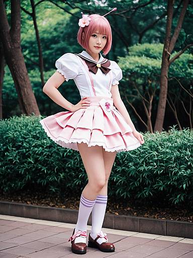 Hanadera Nodoka Cosplay in Pink and White Anime Outfit Outdoors