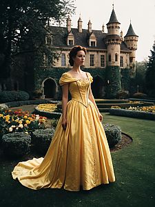 Woman in Belle Dress Photorealistic Outdoor Portrait in Castle Garden