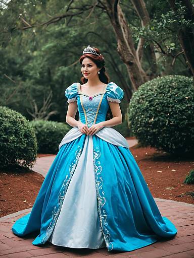 Woman in Disney Princess Costume Full Body Cosplay Photo with Gown and Tiara
