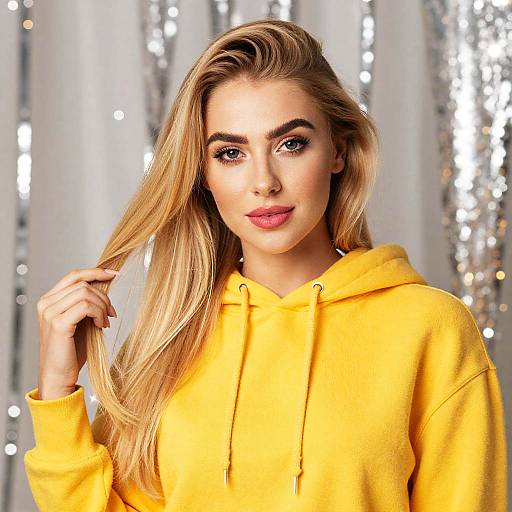 Young Woman in Yellow Hoodie with Blonde Hair and Blue Eyes