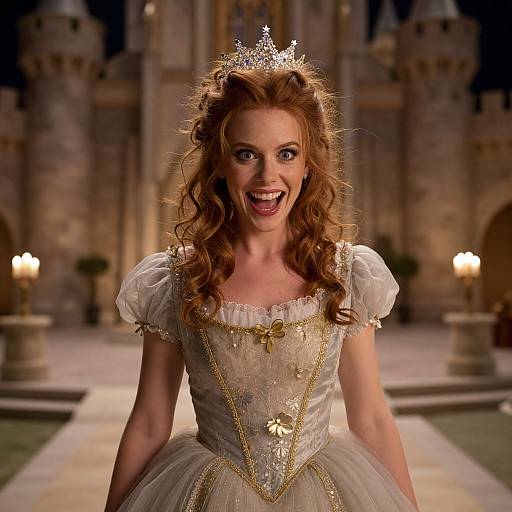 Joyful Princess in Elegant Gown and Tiara at Castle Entrance