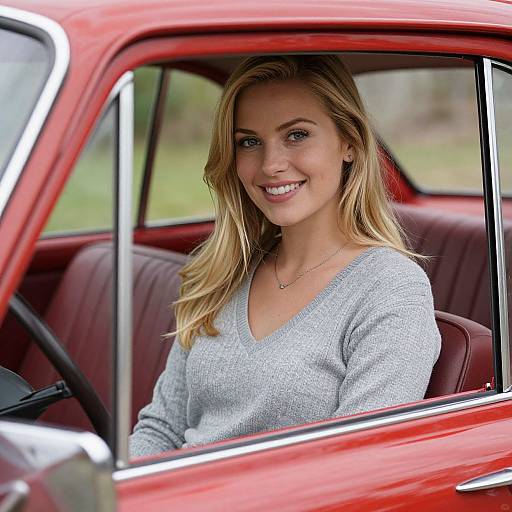 Young Woman Smiling in Vintage Red Car Interior
