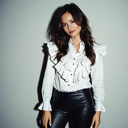 Stylish Woman in White Ruffled Blouse and Black Leather Pants