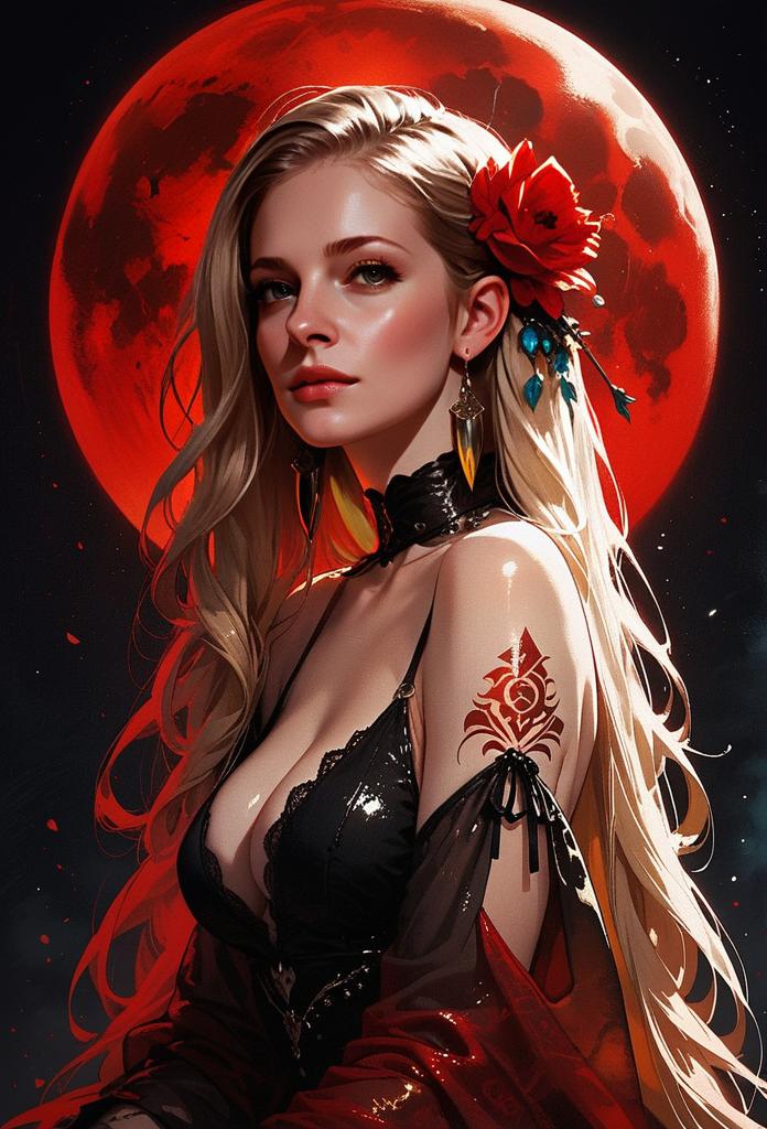 Fantasy Digital Portrait of Blonde Woman with Red Flower and Moon Background