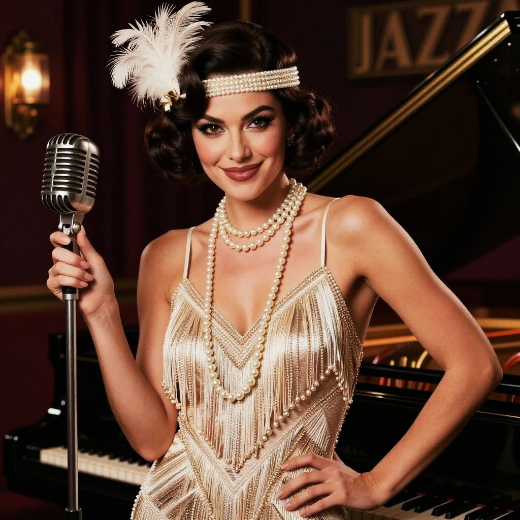 1920s Flapper Woman Singing in Retro Jazz Club with Vintage Microphone