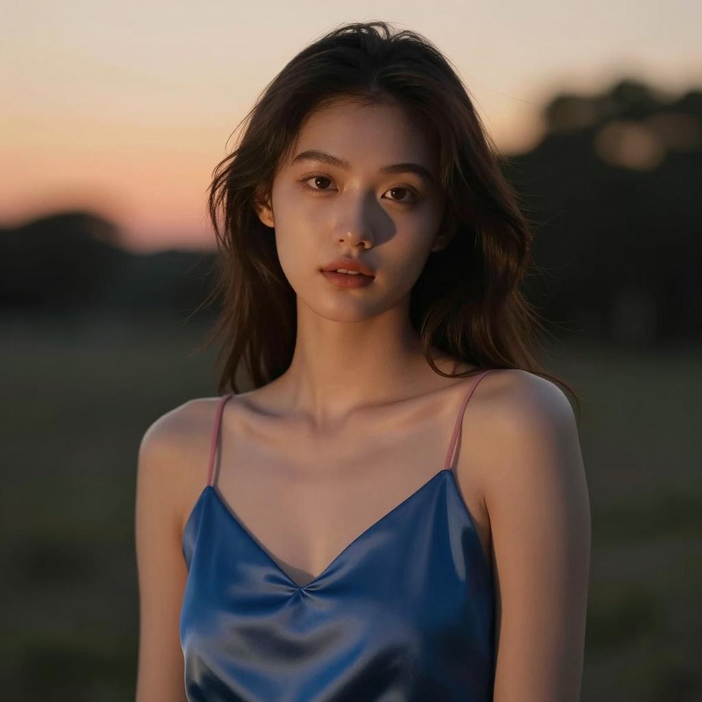 Young Woman in Blue Satin Camisole at Golden Hour Portrait