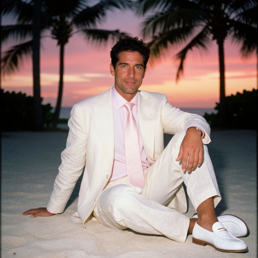 Man in White Suit Sitting on Beach at Sunset with Palm Trees