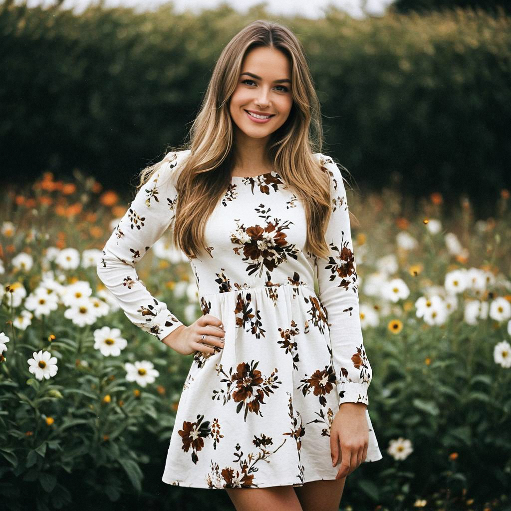 Smiling Woman in Floral Dress in Blooming Field