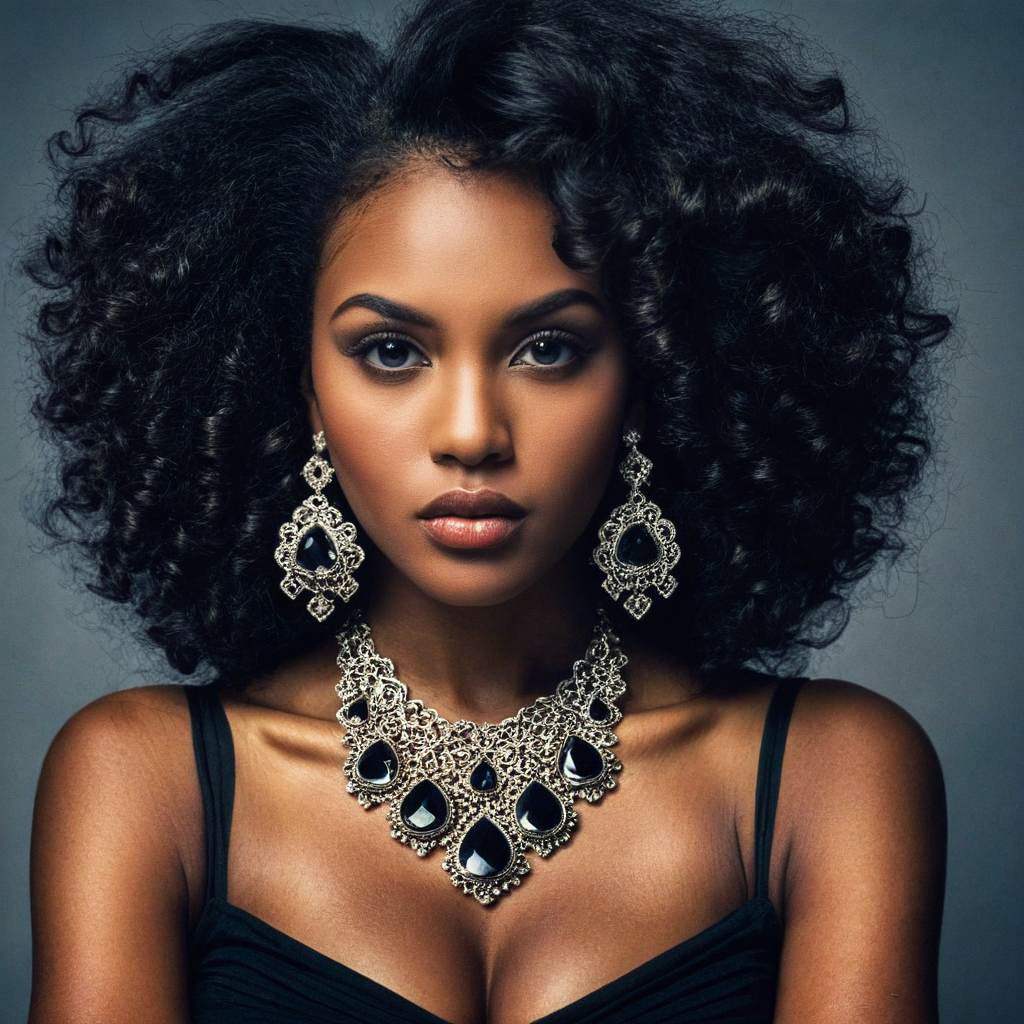 Portrait of a Woman with Curly Hair and Dark Gemstone Jewelry Portrait of a Woman with Curly Hair and Dark Gemstone Jewelry