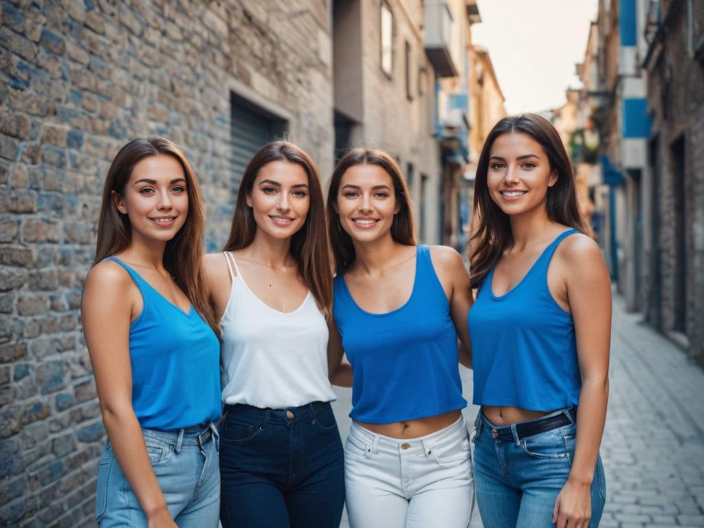 Four Women Friends in Stylish Blue Tops on City Street