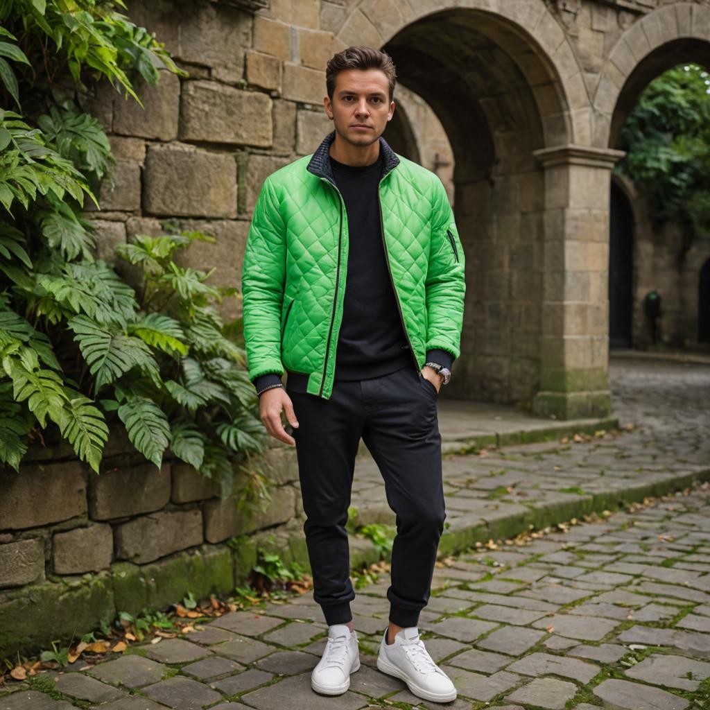 Stylish man in green jacket poses confidently