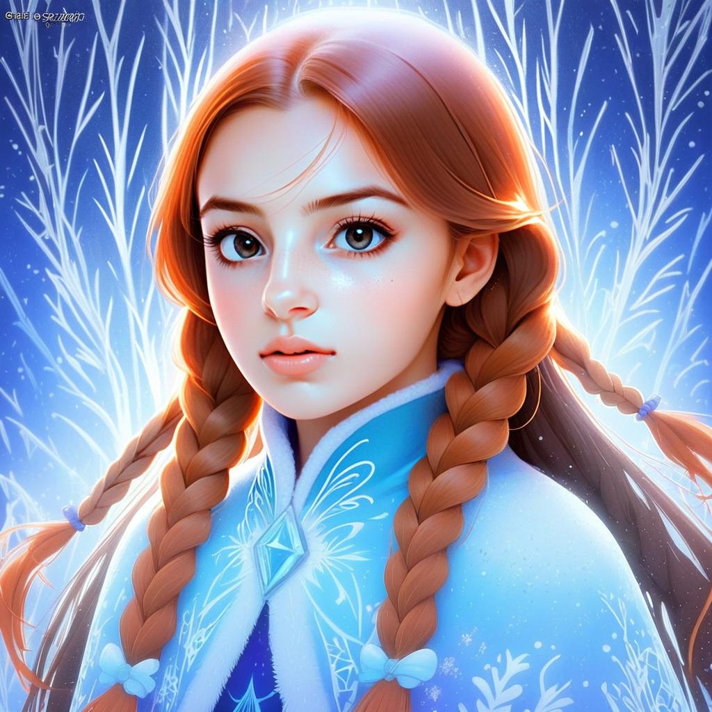 Anime Portrait of Red-Haired Woman in Winter Cloak with Snowflake Motif