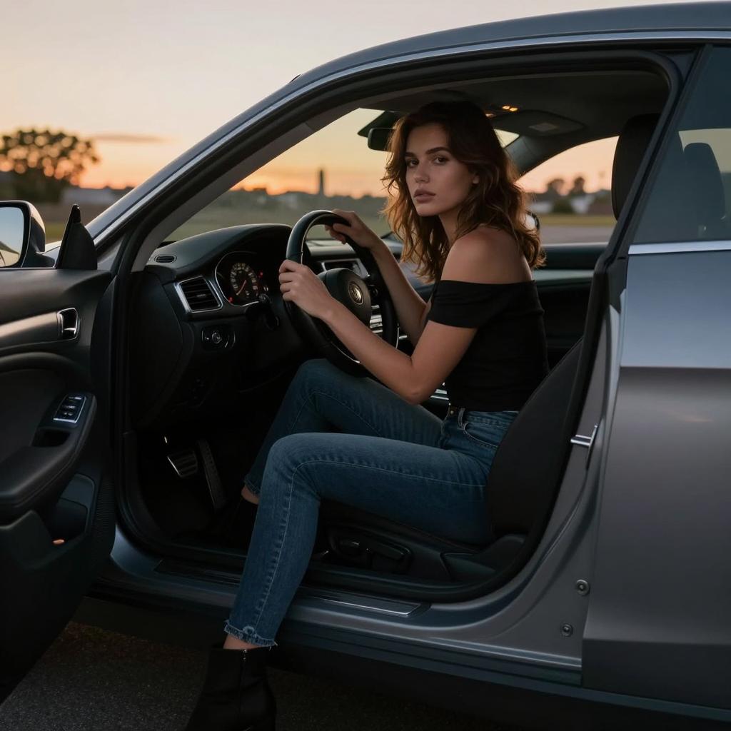 Young Woman Driving Car at Sunset Lifestyle Portrait