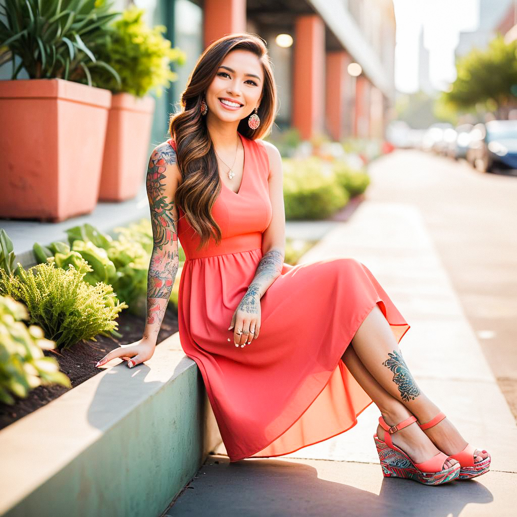 Smiling Woman in Coral Dress Outdoors Smiling Woman in Coral Dress Outdoors