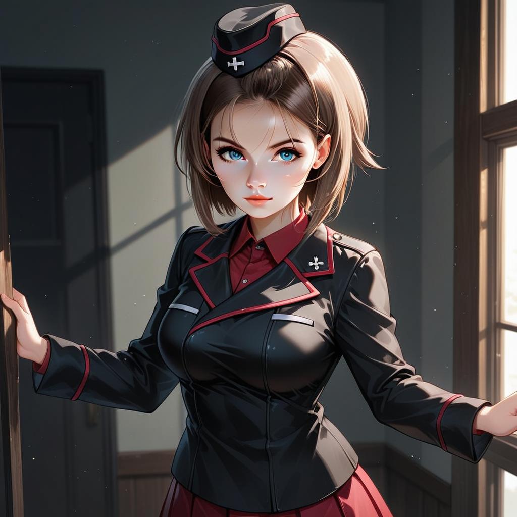 Anime Style Young Woman in Dark Military Uniform Illustration