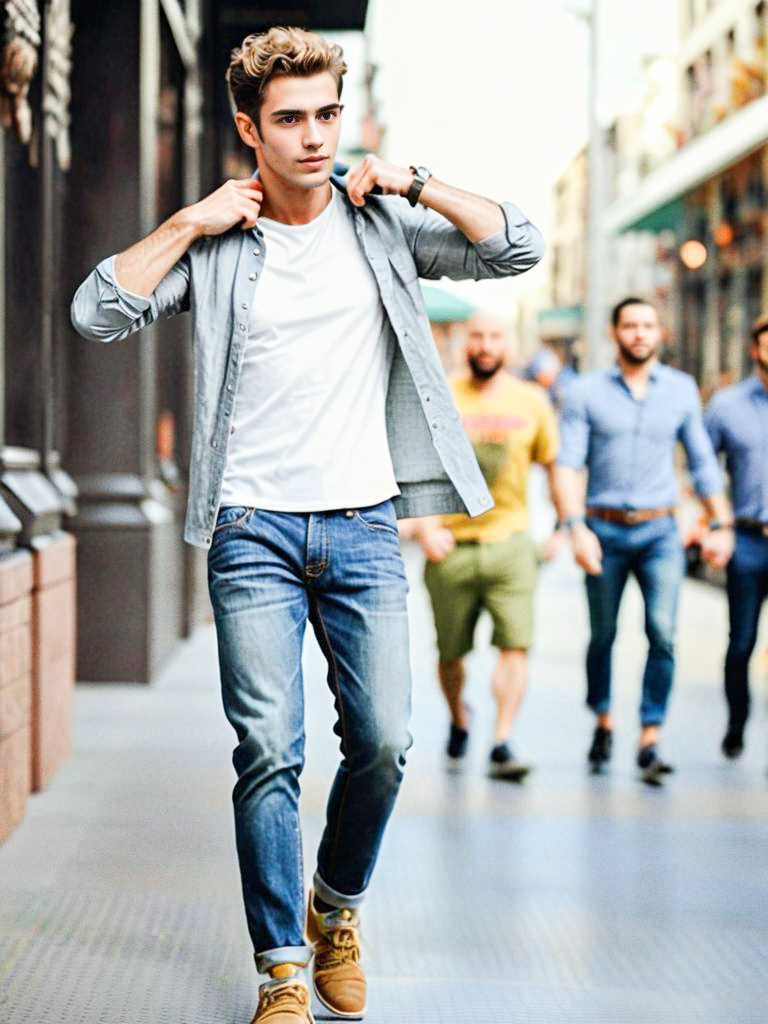 Stylish man in trendy outfit on busy street