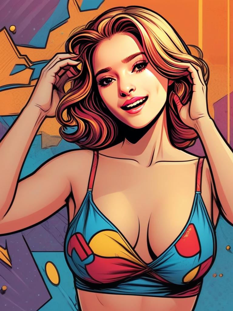 Cheerful Woman with Wavy Hair in Colorful Abstract Background
