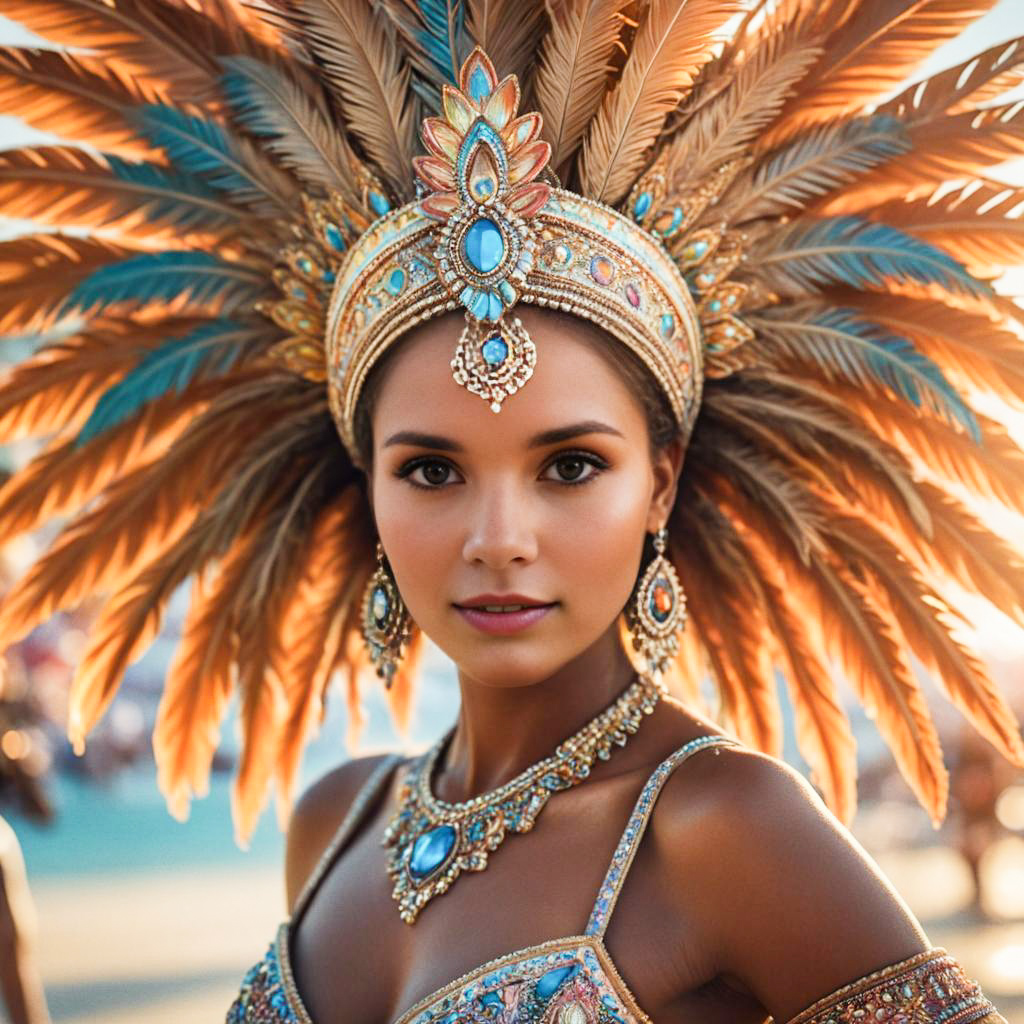 Woman in Traditional Costume with Feather Headdress