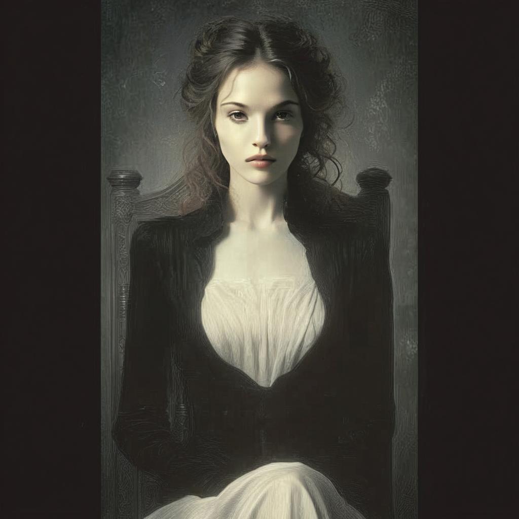 Classical Portrait of Woman in Vintage Gothic Style Sitting on Carved Wooden Chair