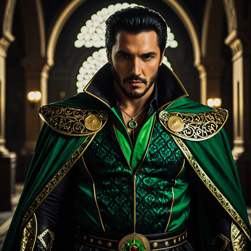 Regal Man in Emerald Outfit with Gold Embroidery Regal Man in Emerald Outfit with Gold Embroidery