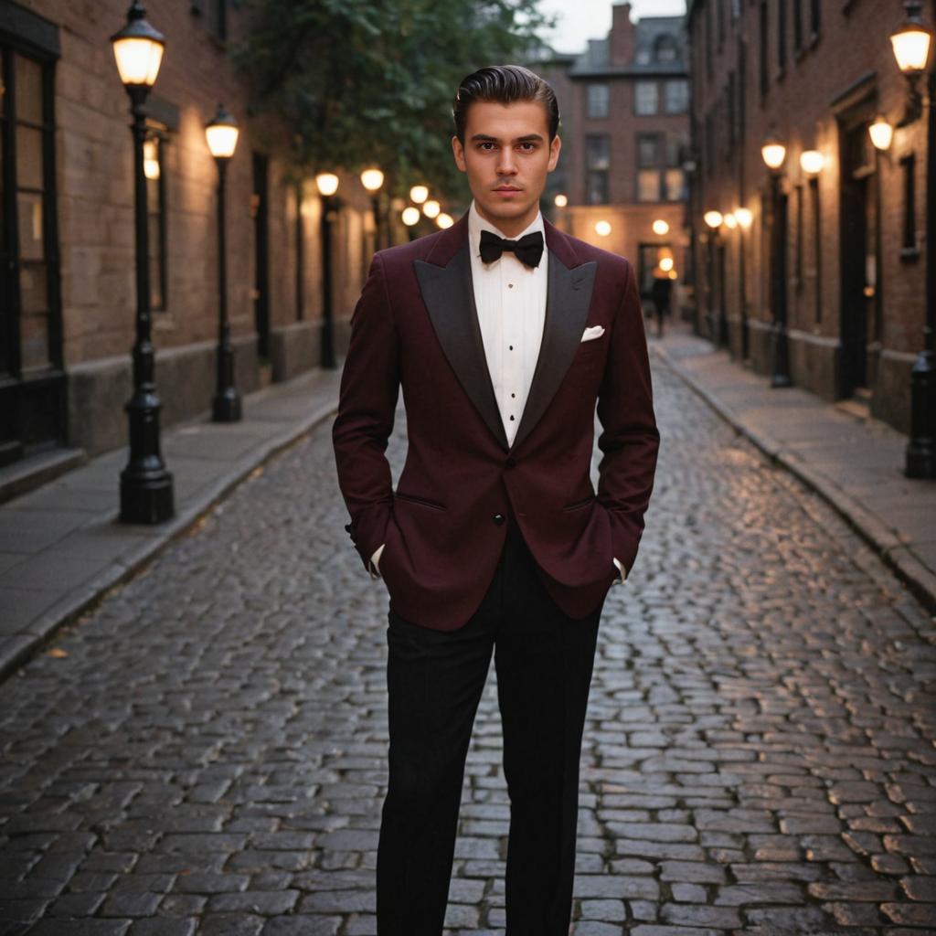 Confident Man in Maroon Suit on Cobblestone Street