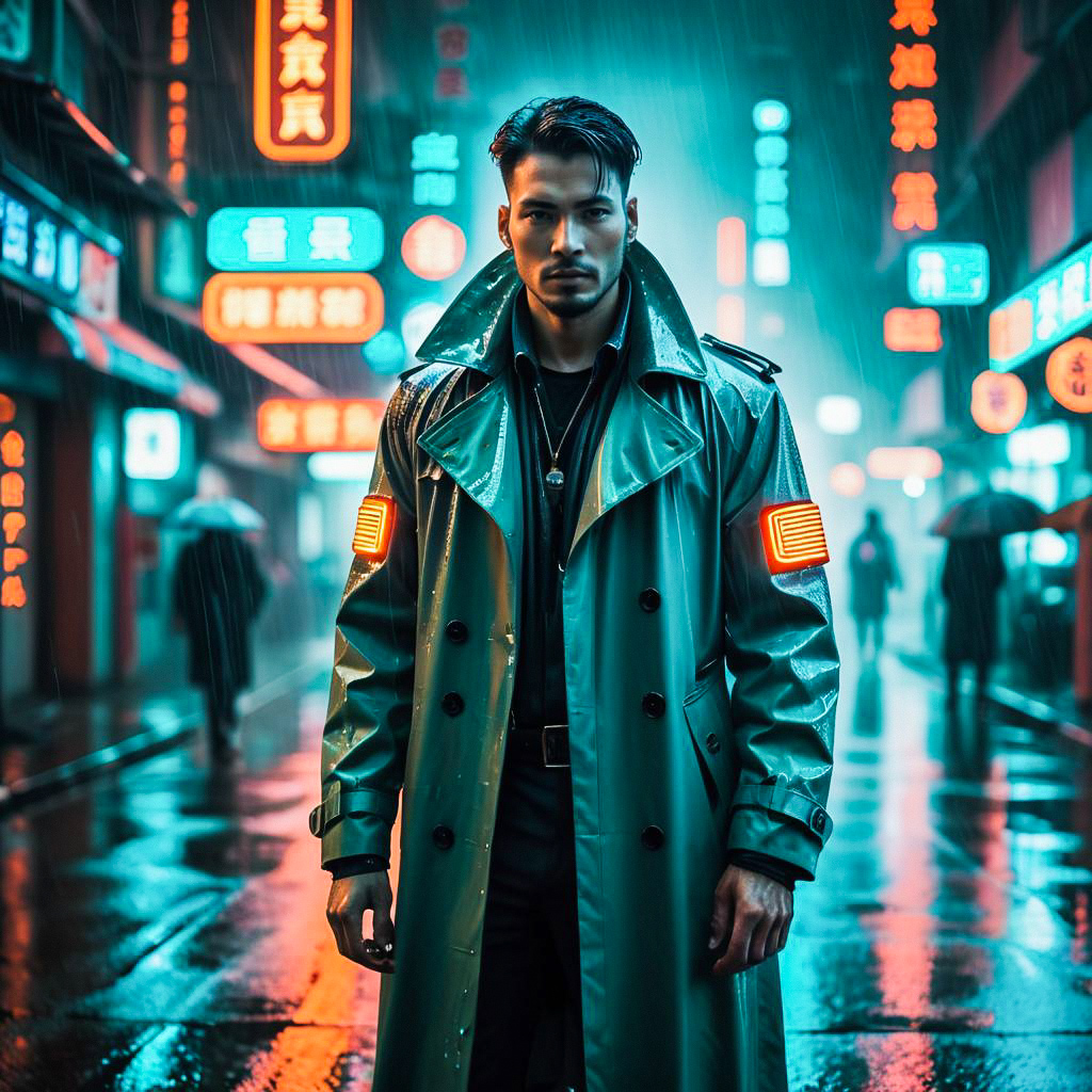 Serious man in neon-lit rain-soaked street Serious man in neon-lit rain-soaked street