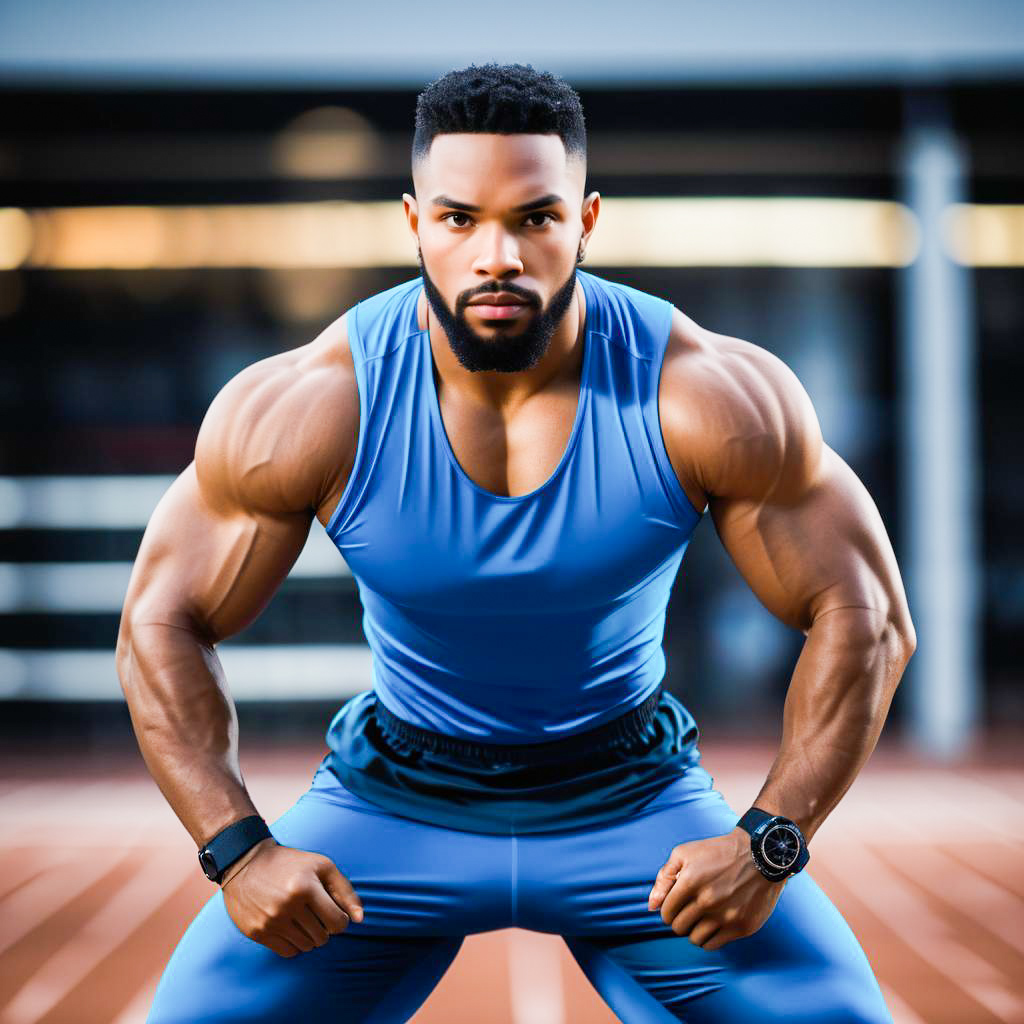 Muscular Man in Blue Athletic Outfit Showcasing Strength