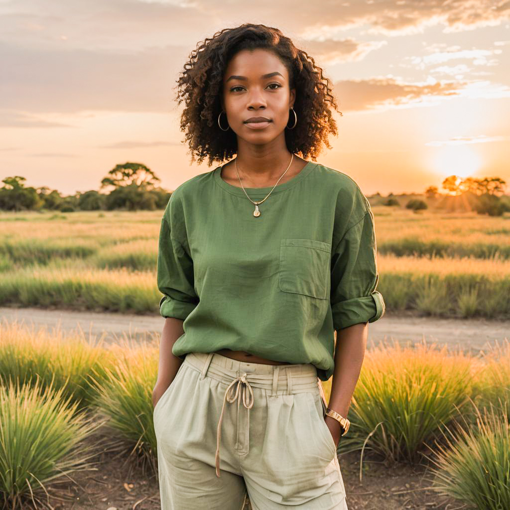 Confident Woman in Sunlit Field at Sunset