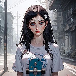 Young Woman with Blue Eyes and Skateboard in Urban Setting