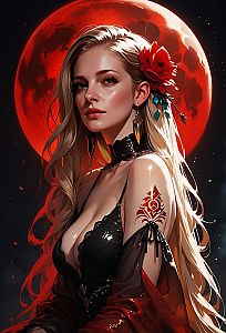 Fantasy Digital Portrait of Blonde Woman with Red Flower and Moon Background