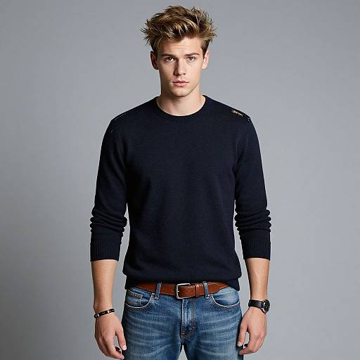 Young Man Wearing Navy Sweater and Blue Jeans Casual Fashion