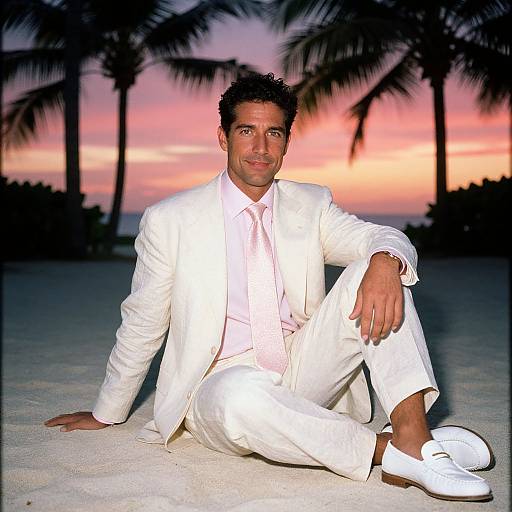Man in White Suit Sitting on Beach at Sunset with Palm Trees