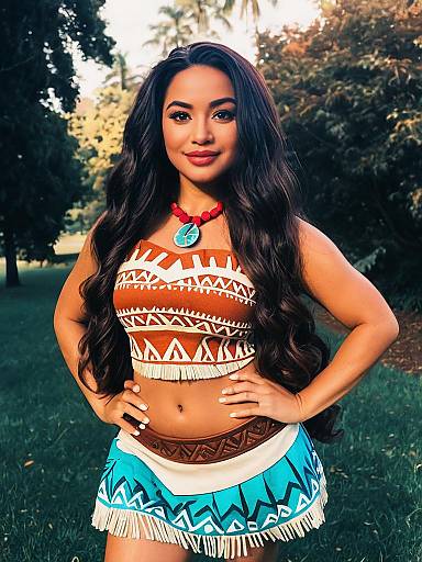 Woman in Realistic Moana Character Cosplay Costume Outdoors