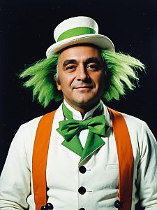 Man in Oompa Loompa Costume with Green Hair and Orange Suspenders