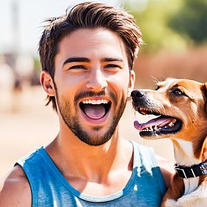 Cheerful man with dog outdoors