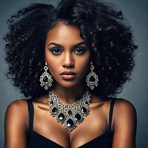 Portrait of a Woman with Curly Hair and Dark Gemstone Jewelry
